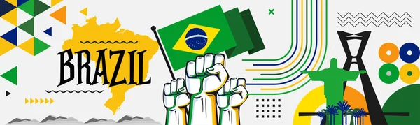 Flagge Und Landkarte Brasiliens Mit Erhobenen Fäusten Nationalfeiertag Oder Unabhängigkeitstag — Stockvektor