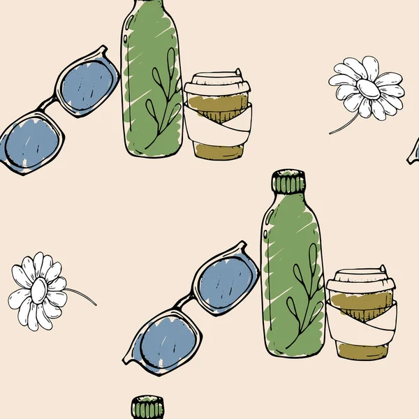 Ilustración Vectorial Patrón Sin Costuras Vasos Azules Botella Agua Una — Vector de stock