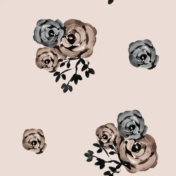 Watercolor Illustration Seamless Pattern Gray Dark Pink Roses Twig Een — Stockfoto