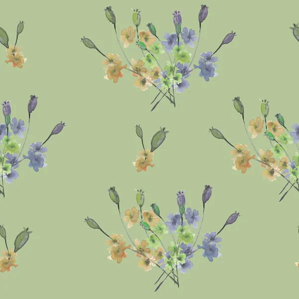 Akwarela Ilustracja Bezszwowy Wzór Bukiet Dzikich Kwiatów Maki Zielonym Tle — Zdjęcie stockowe