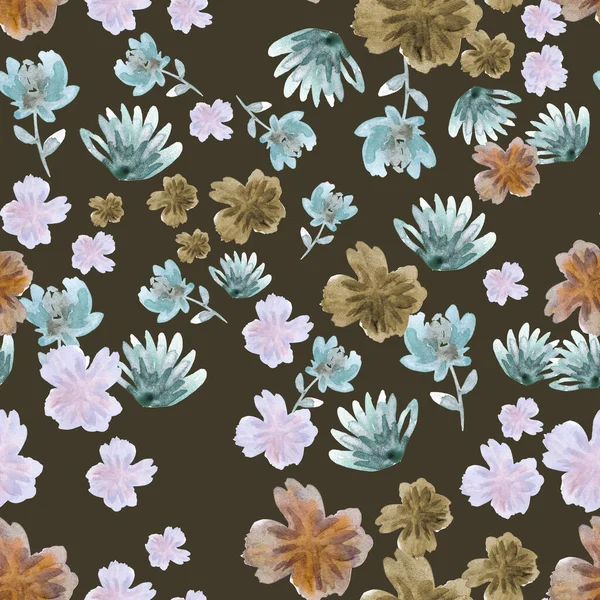 Ilustracja Akwarela Bezszwowy Wzór Nadruk Botaniczny Jasnoróżowe Niebieskie Abstrakcyjne Kwiaty — Zdjęcie stockowe