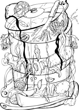 Vektör çizimi, siyah çizim, el yazması çizim, çorba Borsht malzemeleri, tencere, sebze, buhar, sprey