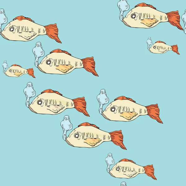 Vector Illustration Seamless Pattern Abstract Fish Orange Tail Fin Blue — Stock Vector