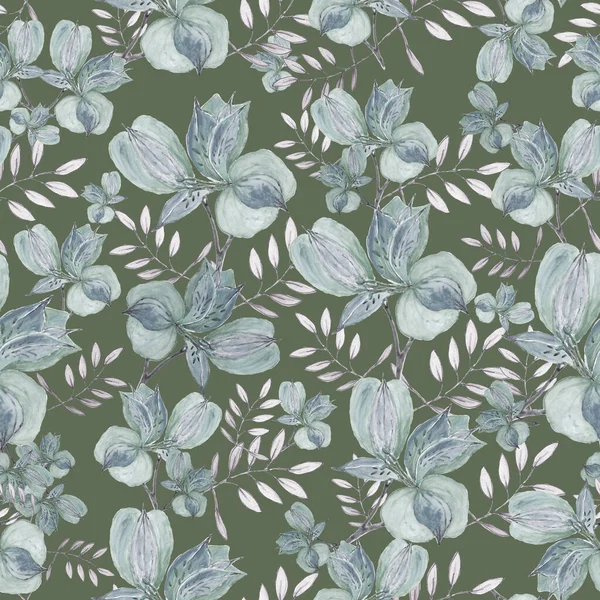 watercolor illustration seamless pattern bright blue Alstroemeria flower with leaves on a dark background,for wallpaper or fabric or furniture