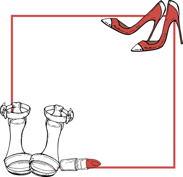 Vector Ilustración Sandalias Mujer Silueta Zapatos Rojos Lápiz Labial Marco — Archivo Imágenes Vectoriales