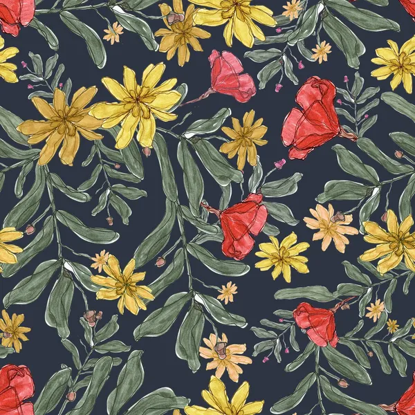 Ilustración Acuarela Patrón Sin Costura Hermosa Impresión Floral Vintage Diferentes — Foto de Stock