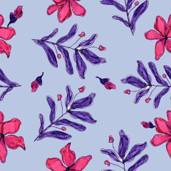 Ilustración Acuarela Patrón Sin Costura Impresión Floral Brillante Flores Hierba — Foto de Stock