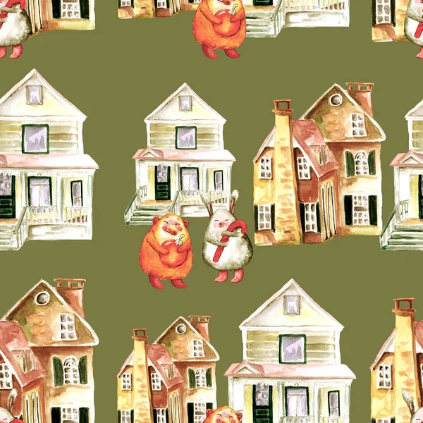 watercolor illustration seamless pattern old retro houses,Christmas soft toys with a ball and a lollipop,for wallpaper or fabric