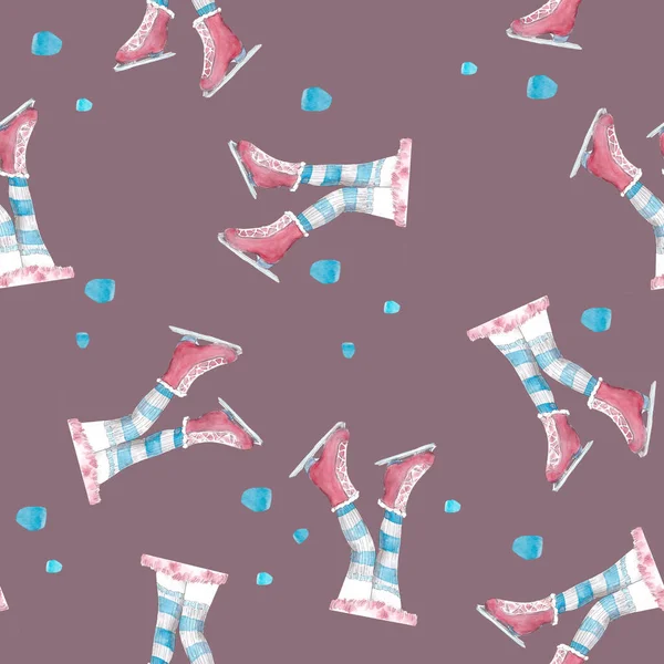 Акварельна Ілюстрація Безшовні Візерункові Ніжки Дівчини Смугастих Шкарпетках Рожевих Ковзанах — стокове фото