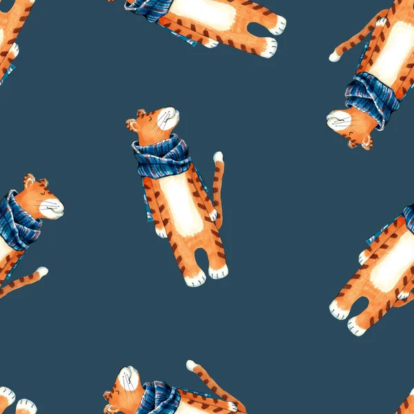 Akvarel Ilustrace Bezešvý Vzor Oranžový Tygr Modré Šále Bílém Pozadí — Stock fotografie