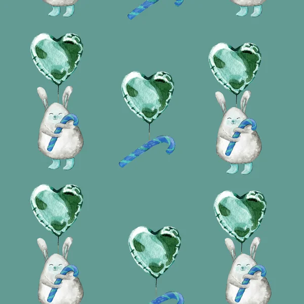 Watercolor Illustration Seamless Pattern Triangular Soft Toy Hare Lollipop Balloon — 图库照片