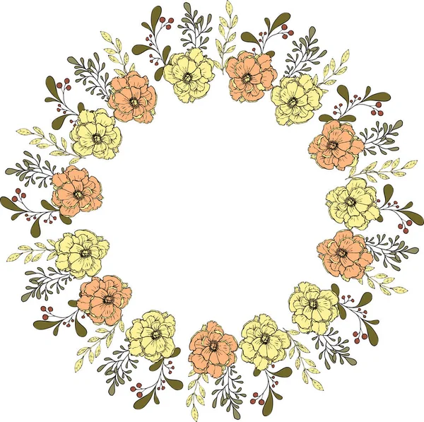 Vector Illustration Delicate Wreath Flowers Herbs Branches Foxes Berries Invitation — Vetor de Stock