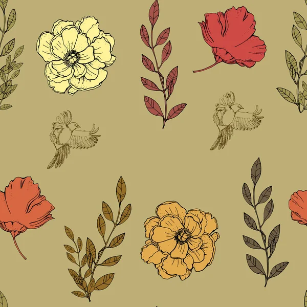 Vector Illustration Seamless Pattern Botanical Set Lush Flowers Branches Leaves — стоковый вектор