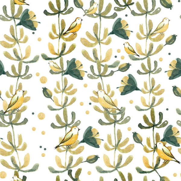 Акварельна Ілюстрація Безшовний Візерунок Маленькі Птахи Сидять Траві Квітами Шпалер — стокове фото