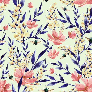 watercolor illustration seamless pattern ,botanical print of yellow tall flowers,small pink,grass,beetle,for wallpaper or fabric