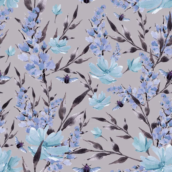 Watercolor Illustration Seamless Pattern Botanical Print Blue Tall Flowers Small — Stockfoto