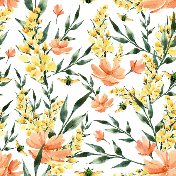 Watercolor Illustration Seamless Pattern Botanical Print Yellow Tall Flowers Small — Stok fotoğraf