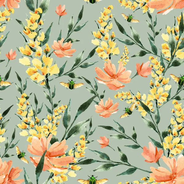 Watercolor Illustration Seamless Pattern Botanical Print Yellow Tall Flowers Small — Photo