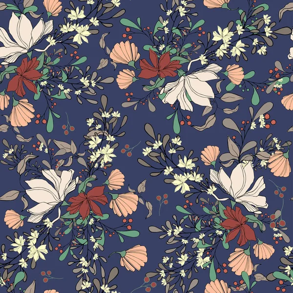 Illustration Vectorielle Motif Sans Couture Fleurs Été Avec Foliage Beautiful — Image vectorielle