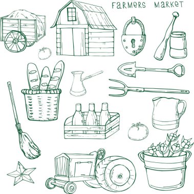 Vektör illüstrasyon çizimi, çiftlik çizimi, siyah ve beyaz, tarım ürünleri, tasarım için