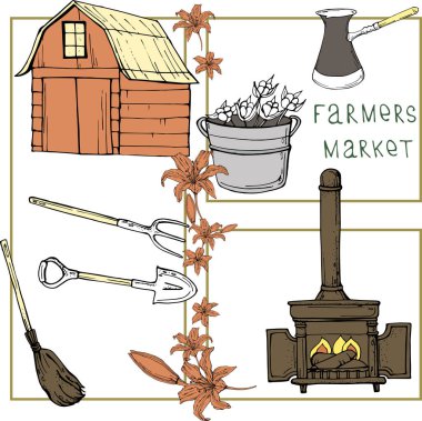 Büyük çiftlik ambarı, süpürge ve yaba, kürek, şömine, pamuk çiçeği kovası, kahve makinesi, çerçeve, tasarım için.