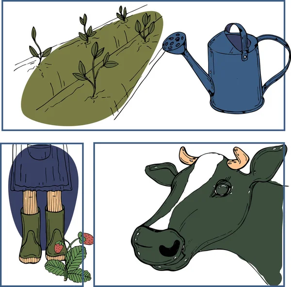 用于设计的病媒插图农民卡上田里的图画 牛的口 浇灌罐和穿着靴子 浅绿色斑点和框架的女农民 — 图库矢量图片