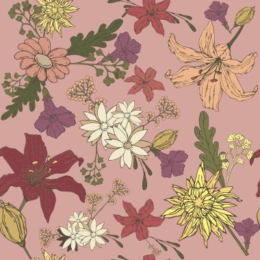 Duvar kağıdı veya kumaş, mobilya için, pembe arkaplan üzerinde farklı renklerin parlak çiçek desenli, pürüzsüz çizim vektörü çizimi