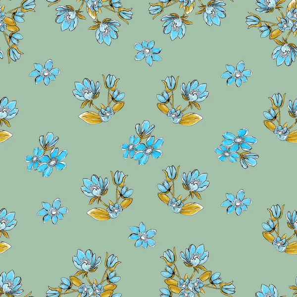 Ακουαρέλα Εικόνα Αδιάλειπτη Μοτίβο Μικρά Μπλε Λουλούδια Ένα Μπουκέτο Φύλλα — Φωτογραφία Αρχείου