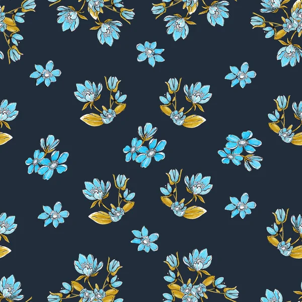 Ακουαρέλα Εικόνα Αδιάλειπτη Μοτίβο Μικρά Μπλε Λουλούδια Ένα Μπουκέτο Φύλλα — Φωτογραφία Αρχείου