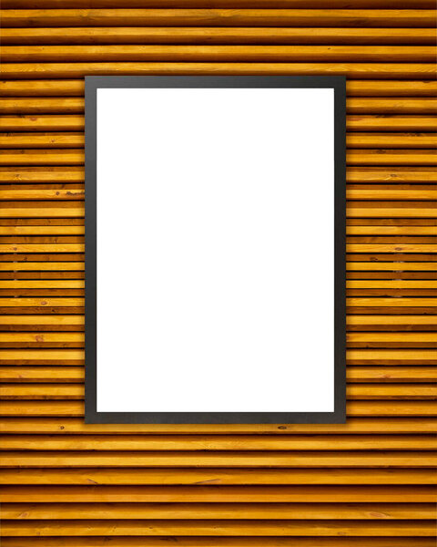 White billboard on a brown wooden wall. Empty white canvas on wooden wall. White banner over the wooden wall.
