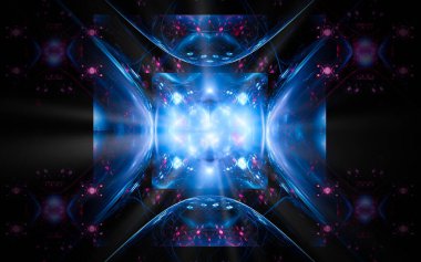 Soyut illüstrasyon bilgisayarı, sembolizm, dijital tasarım ve grafikler için işaretler, simgesel kullanım için siyah zemin üzerinde çeşitli şekil ve gölgelerden oluşan fantastik kristaller oluşturdu..