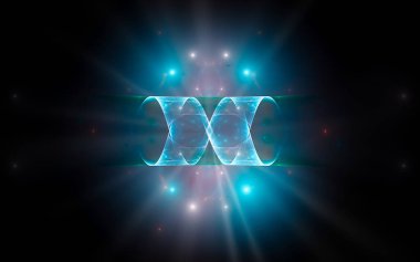 Soyut illüstrasyon bilgisayarı, sembolizm, dijital tasarım ve grafikler için işaretler, simgesel kullanım için siyah zemin üzerinde çeşitli şekil ve gölgelerden oluşan fantastik kristaller oluşturdu..