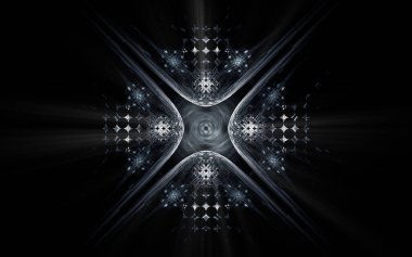 Simgelerde kullanılmak üzere siyah arkaplan, dijital tasarım ve grafikler için işaretler, çeşitli şekillerde ve gölgelerde oluşturulmuş bir bilgisayarın soyut çizimi.