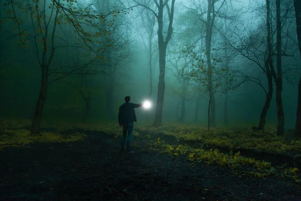 Mann Handlampe Der Nacht Wald Hintergrund — Stockfoto