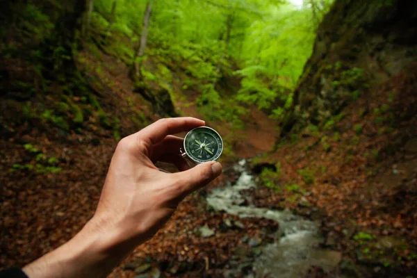 Mann Hält Kompass Wald — Stockfoto