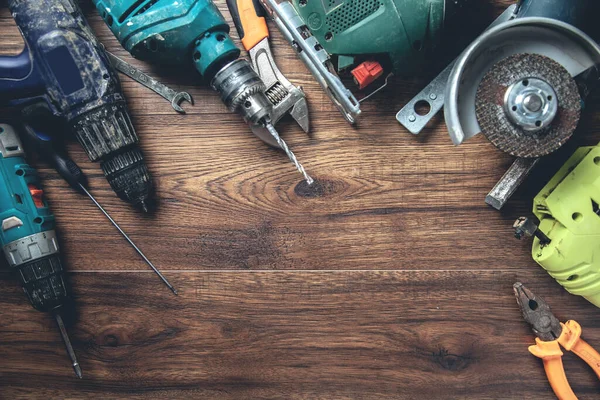 Different Tools Wooden Desk — Stockfoto