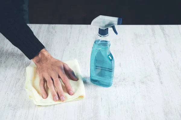 Man Cleaning Cloth Desk Background — Foto de Stock