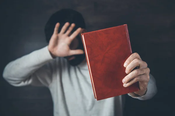 Man Hand Book Stop Sign Dark Background — Stockfoto