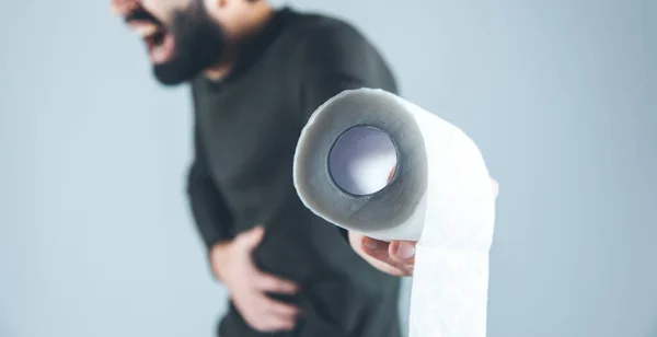Man Hand Ache Belly Toilet Paper — Zdjęcie stockowe