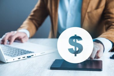 man hand phone and dollar sign in screen