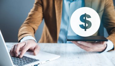 man hand phone and dollar sign in screen