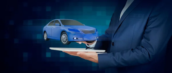 Man hand tablet with car model in screen
