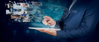 man hand social network concept in tablet screen