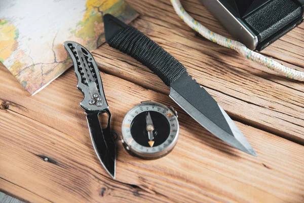 Knife Compass Wooden Desk — Stock Photo, Image