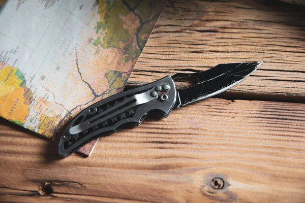Pocket Knife Map Wooden Desk — Stock Photo, Image