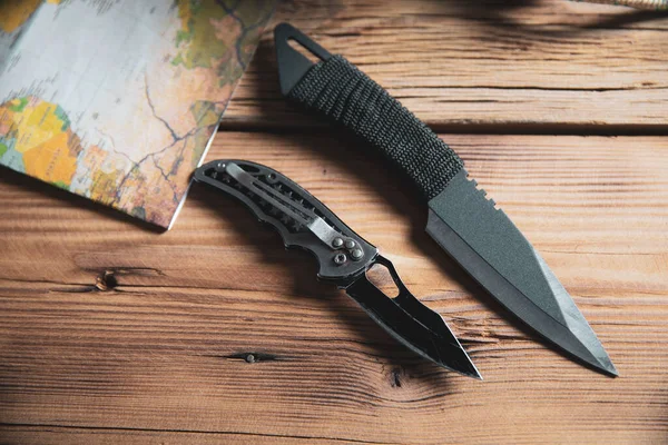 Pocket Knife Map Wooden Desk — Stock Photo, Image