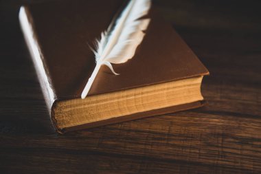 feather on book on the wooden table