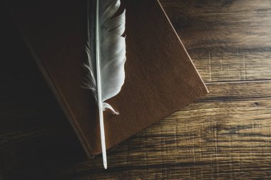 feather on book on the wooden table