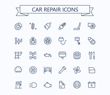 Araba tamiri ve servis vektörleri mini hat simgeleri ayarlandı. 24x24 px. Piksel Mükemmel. Düzenlenebilir vuruş.