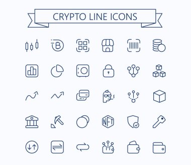 Kripto hattı mini simgeleri. Blockchain ağ simgesi seti. Düzenlenebilir felç. 24x24 ızgara. Piksel Mükemmel.